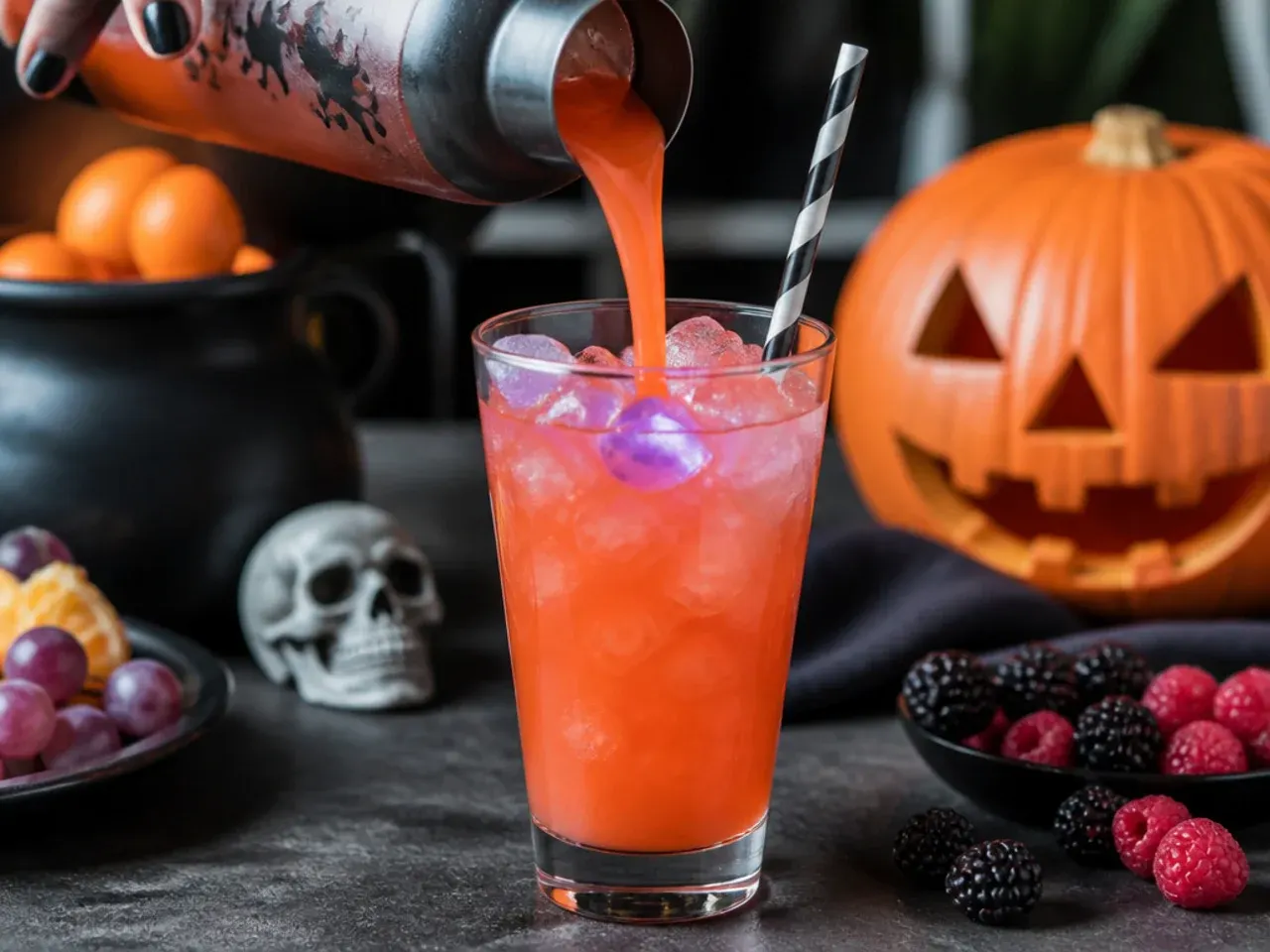 Large bowl of festive fruit punch with frozen fruit chunks for halloween drinks for kids