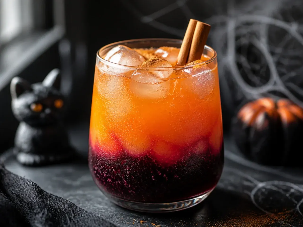 Layered black cherry and orange juice drink resembling a sunrise for halloween drinks for kids