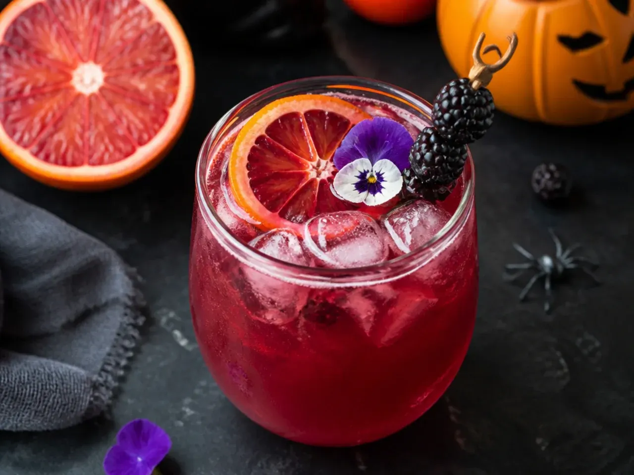 Deep red blood orange zombie punch with sugar-rimmed glass for halloween drinks for kids