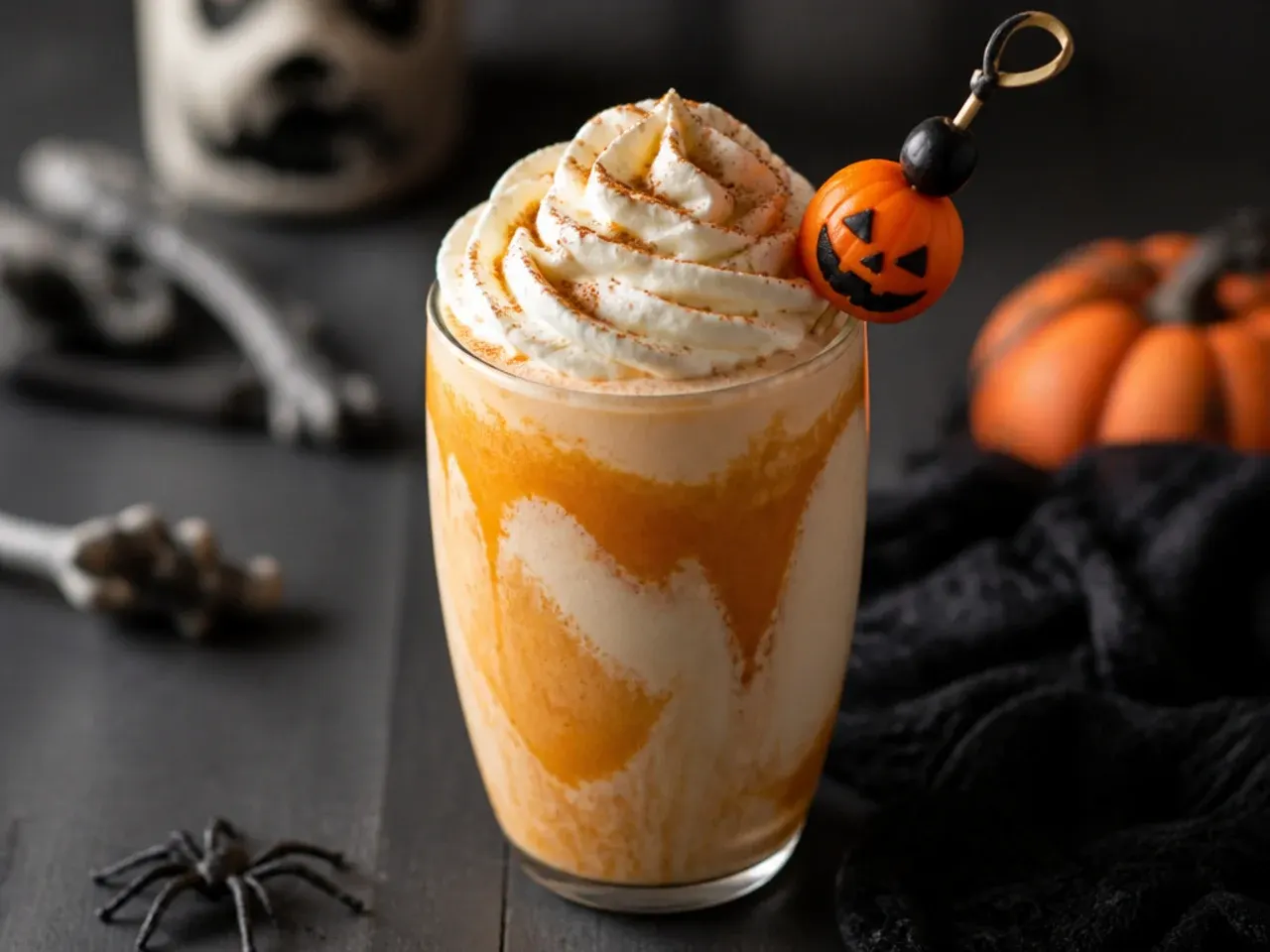 Creamy orange pumpkin milkshake topped with whipped cream for halloween drinks for kids