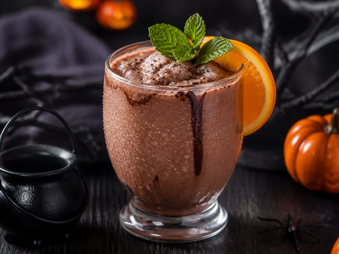 Iced chocolate cauldron freeze drink in a black cup for halloween drinks for kids