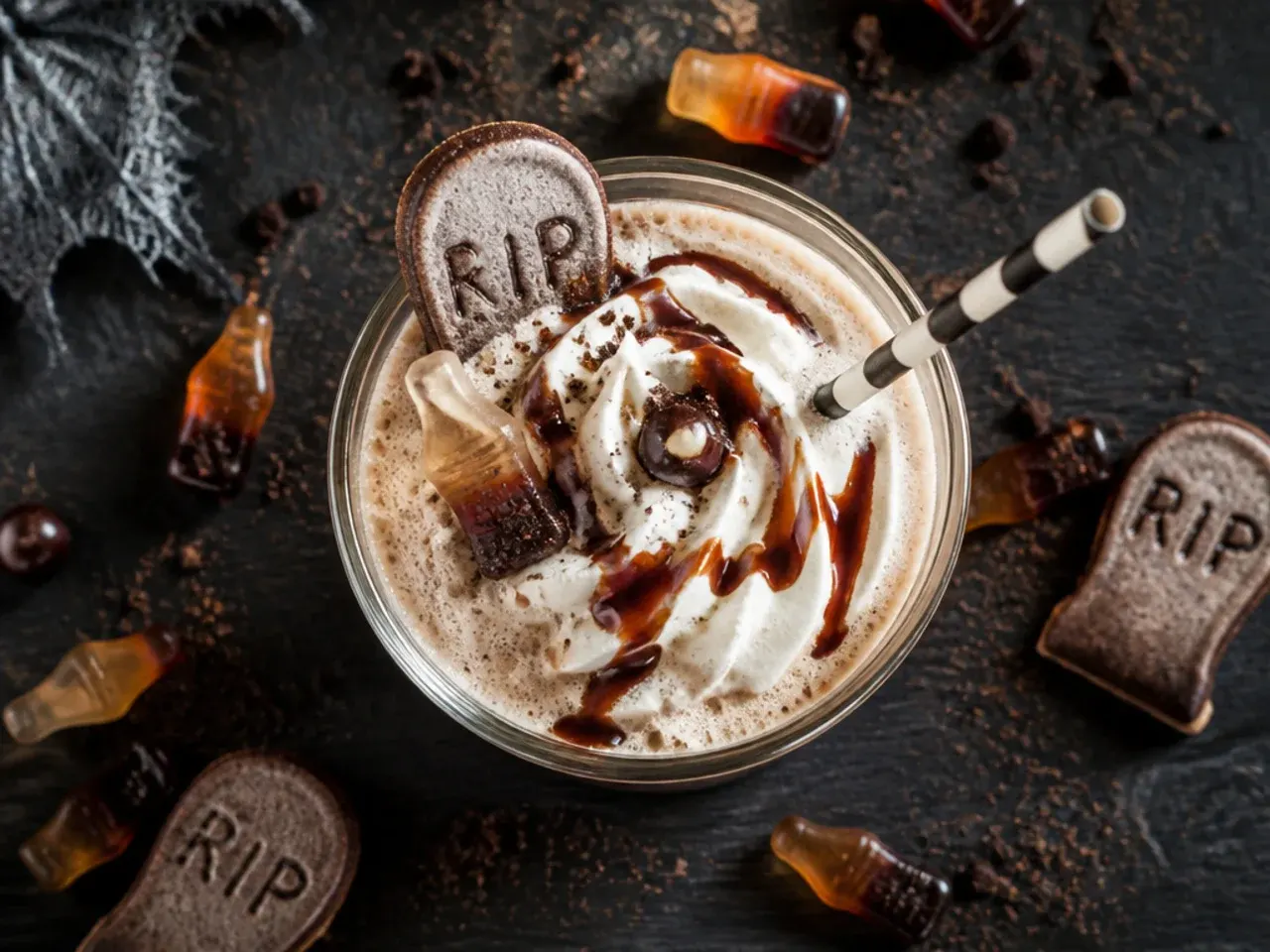 Root beer float with cookie crumb graveyard topping for halloween drinks for kids
