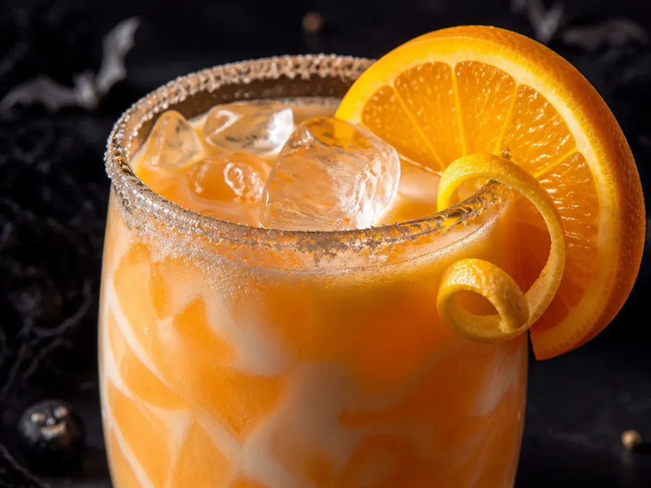 Creamy orange creamsicle mocktail in a glass with a striped straw for halloween drinks for kids