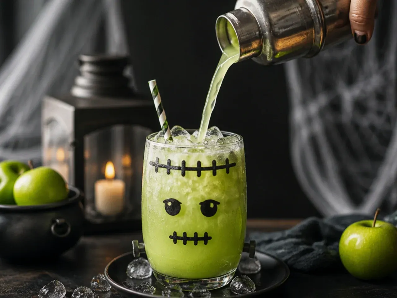 Bright green apple fizz drink with apple slices for halloween drinks for kids