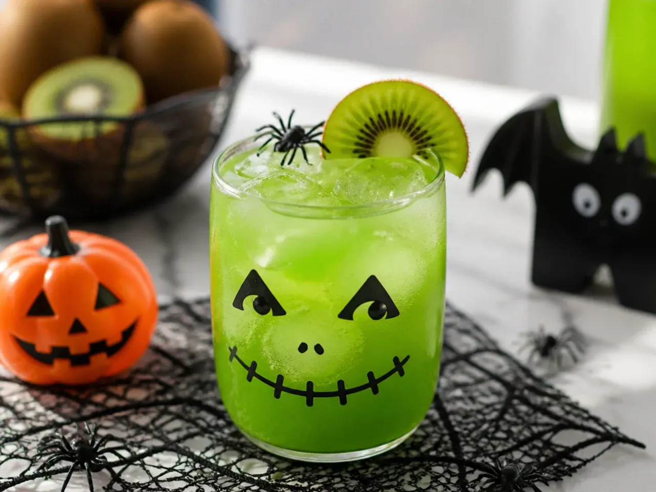 Table of Halloween drink garnishes including gummy worms, candy eyeballs and orange sugar for halloween drinks for kids