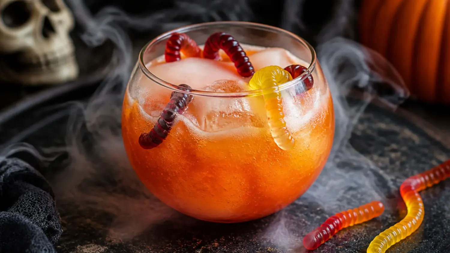 A bubbling cauldron of orange and purple Halloween punch surrounded by glasses garnished with gummy worms and candy eyeballs