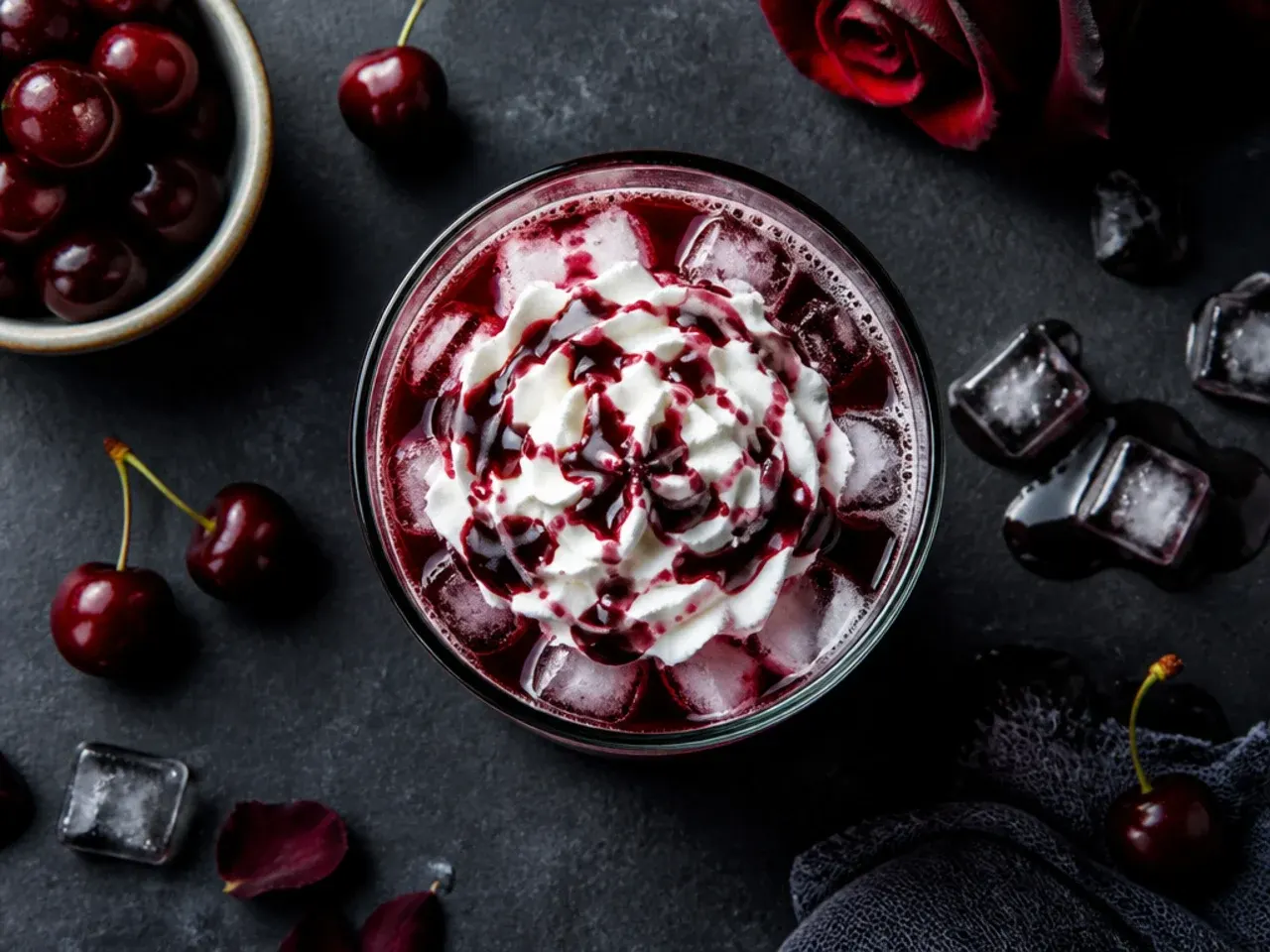 Tall glass of dark iced tea with red grenadine swirling through it, garnished with a lemon wheel