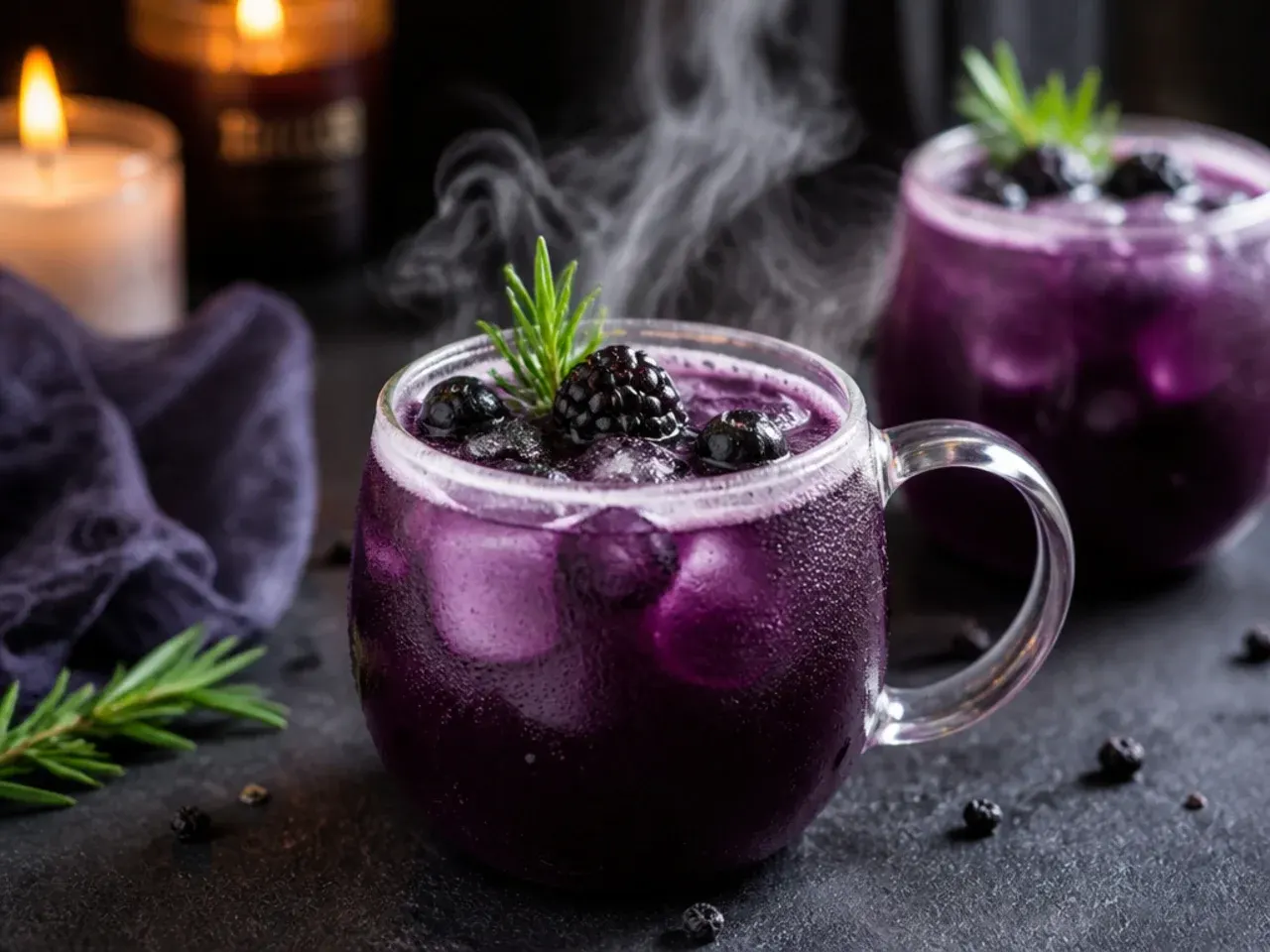 Glass punch bowl filled with orange and cloudy purple witches' brew punch, smoke rolling over the top
