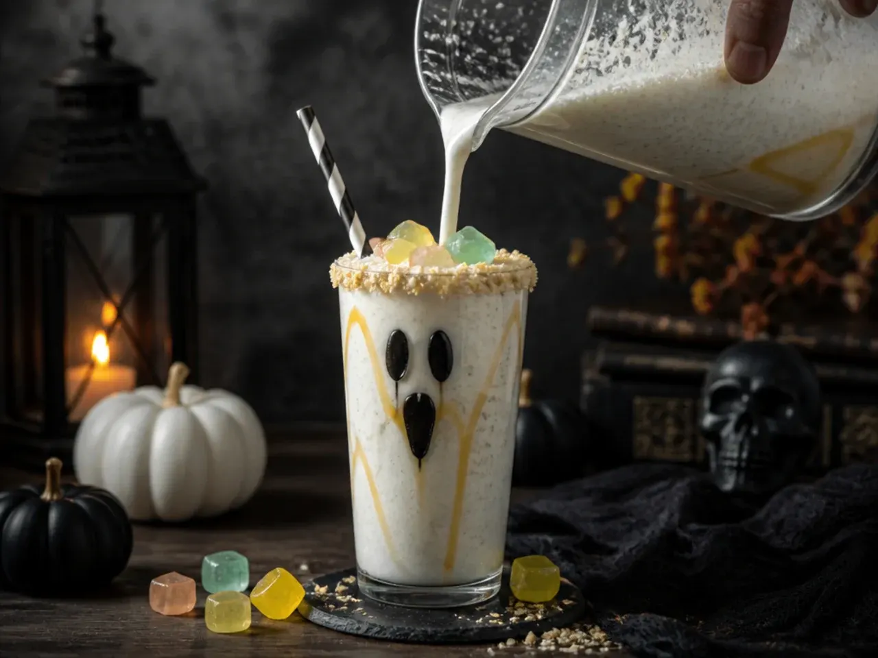 Milkshake in a glass topped with a whipped cream ghost shape and chocolate chip eyes