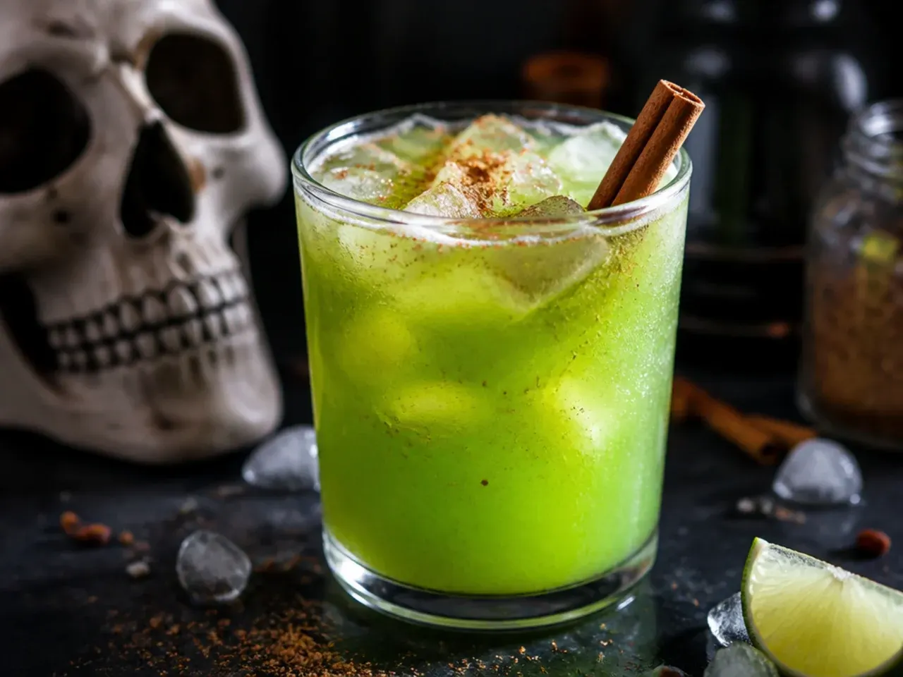 Bright green limeade in a sugar-rimmed glass with fresh lime wheels and mint