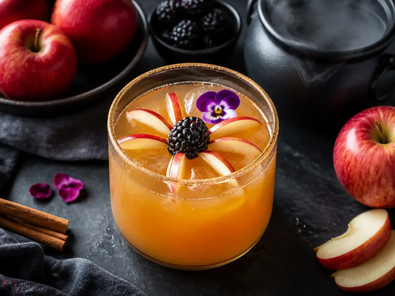 Steaming mug of spiced apple cider with a black liquorice spider floating on top