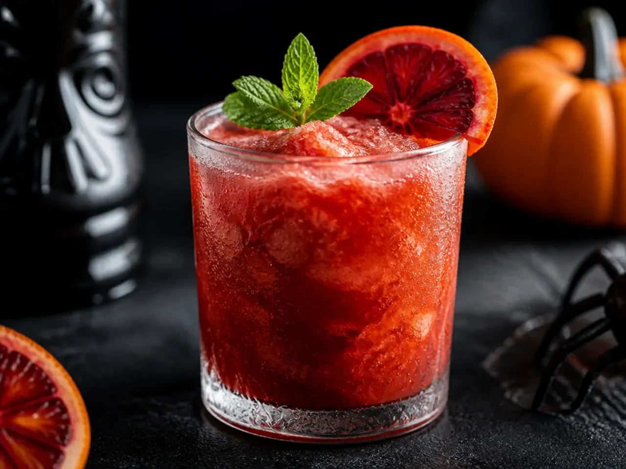 Crimson slushie in a glass with grenadine streaked down the inside like dripping blood
