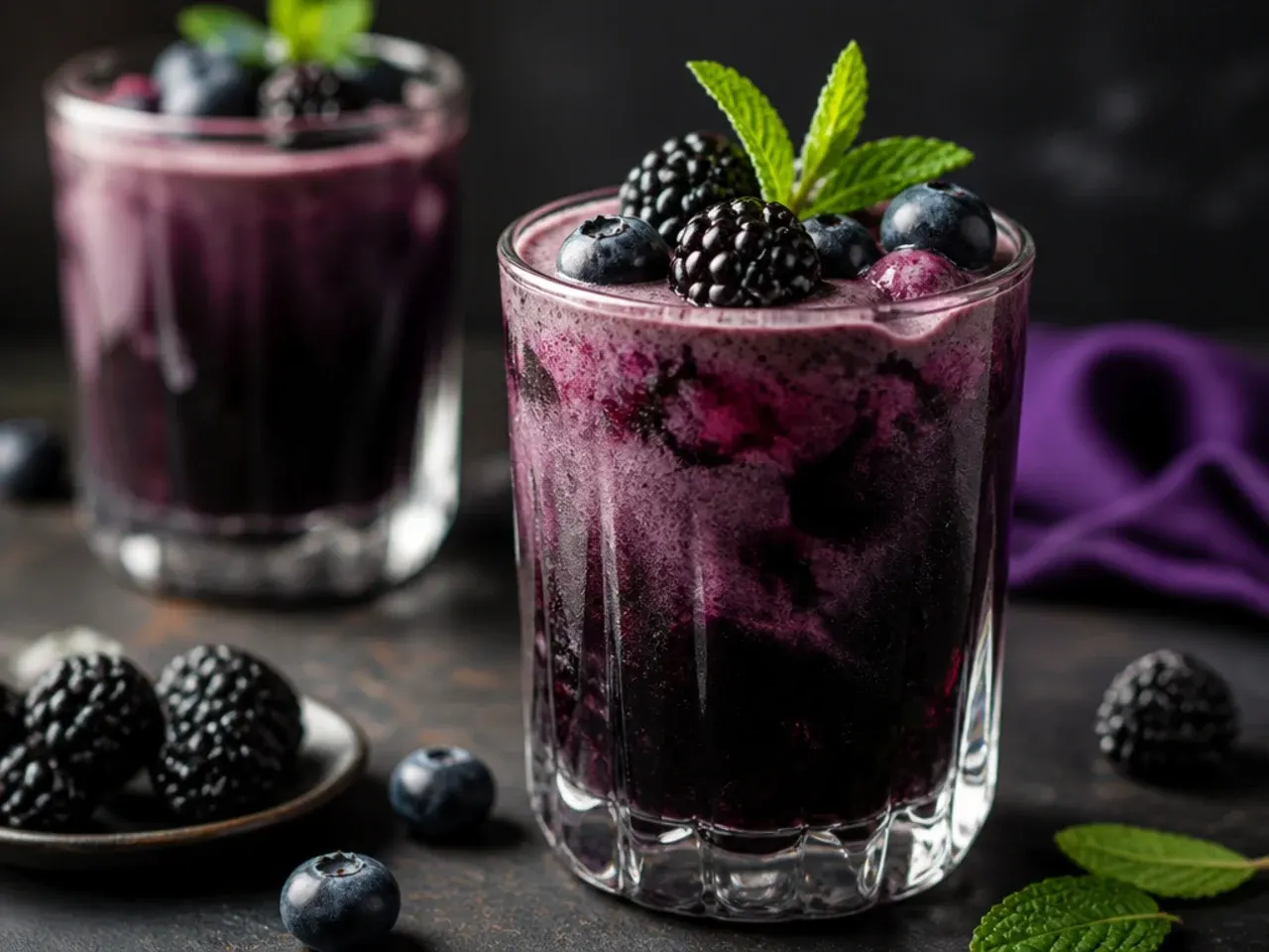 Dark purple-black smoothie in a glass garnished with liquorice cat ears