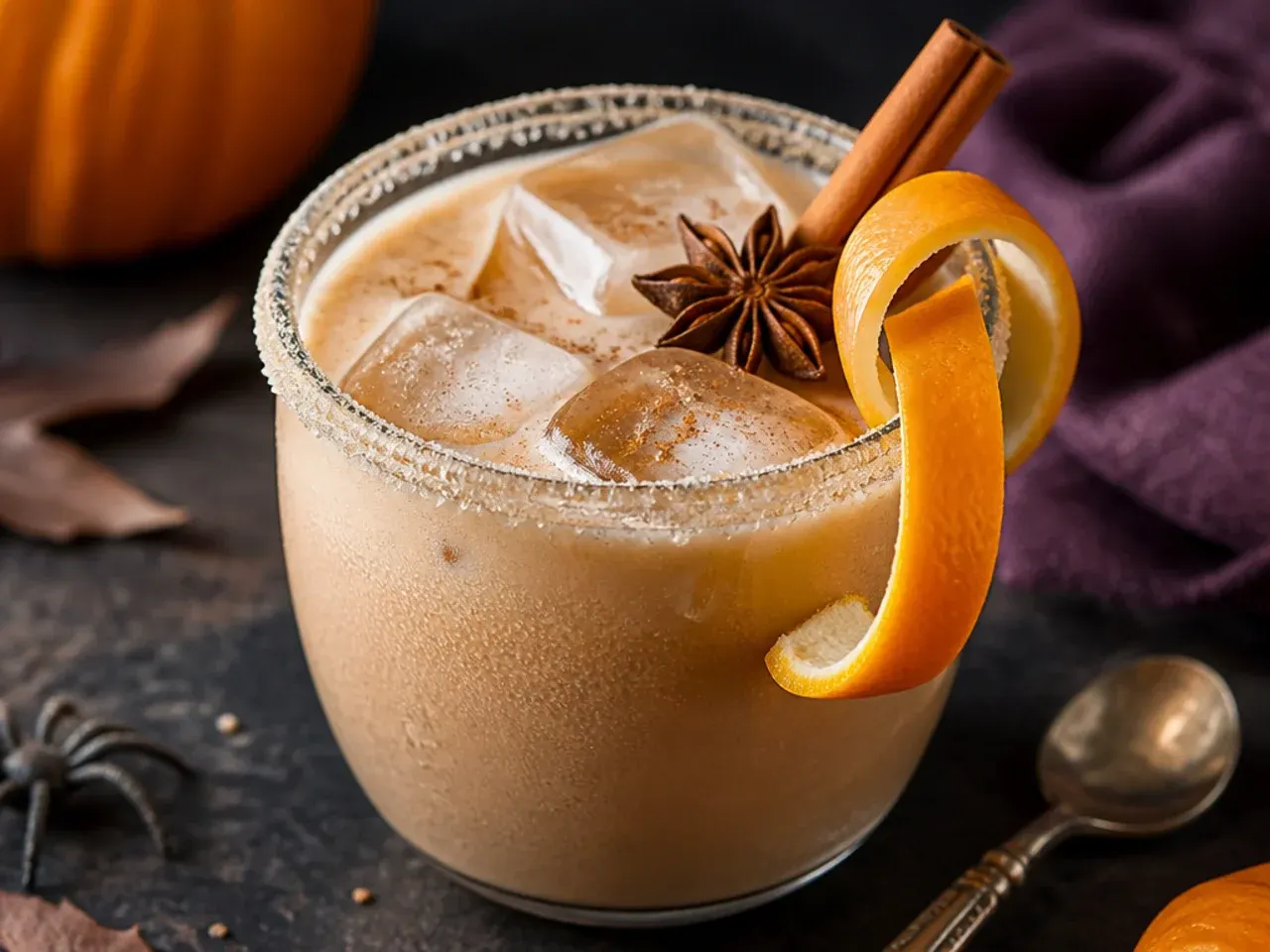 Frothy spiced chai pumpkin steamer in a white mug dusted with cinnamon