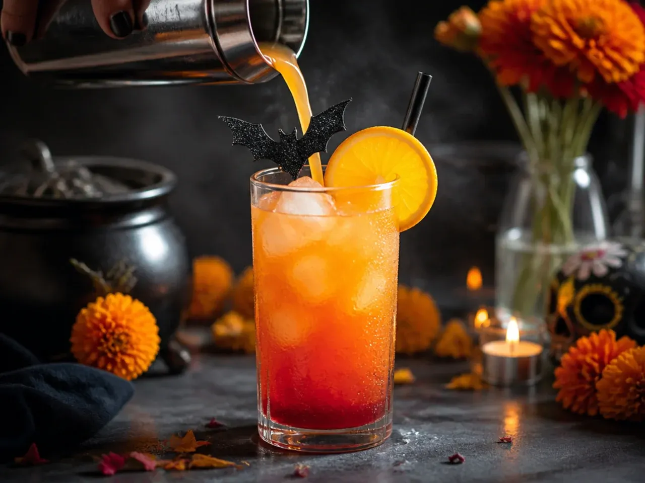Orange-to-red gradient mocktail in a glass with a gummy snake draped over the rim