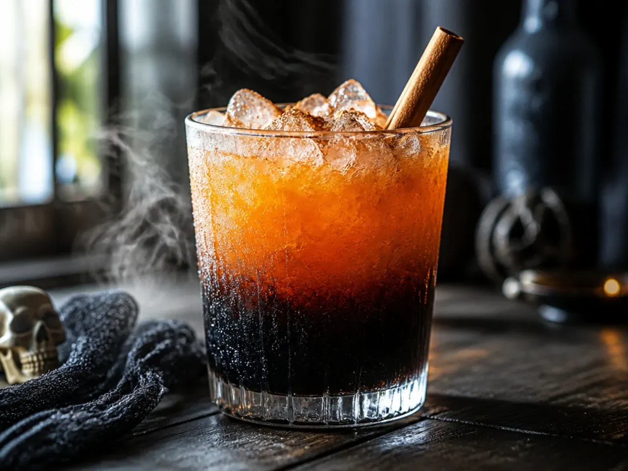 Glass with a black charcoal juice base and an orange juice layer floating cleanly on top