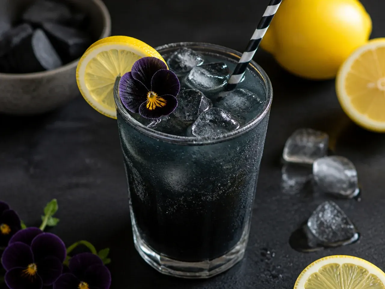 Jet-black lemonade in a mason jar with a bright yellow lemon slice for contrast