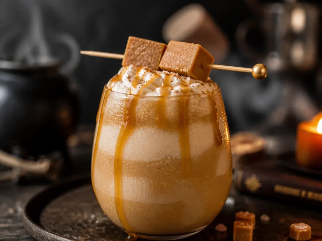 Glass of butterbeer topped with whipped cream and a butterscotch drizzle