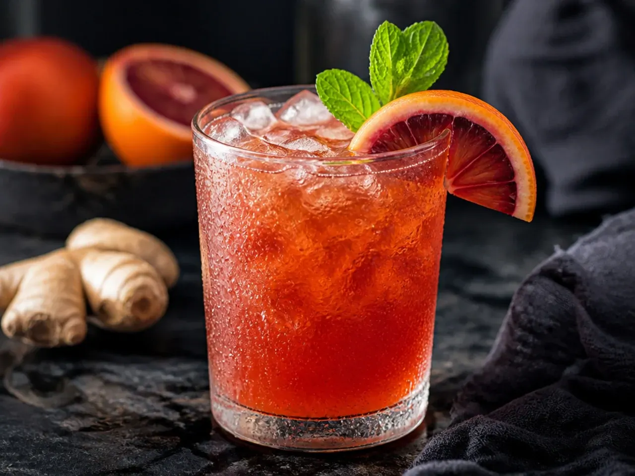 Copper mug mocktail with orange-red liquid and dry ice smoke curling over the rim