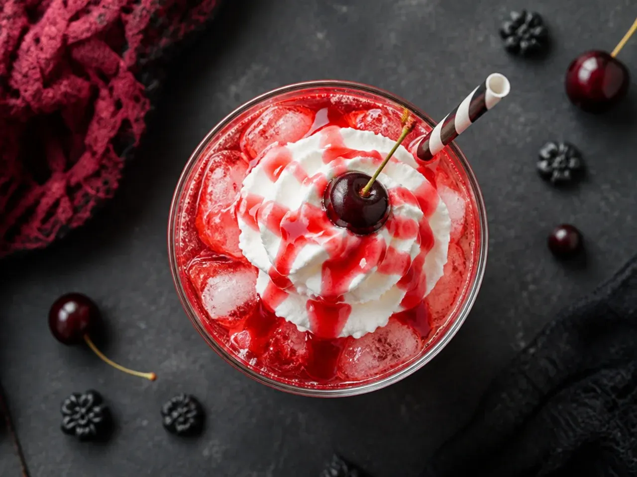 Classic Shirley Temple mocktail with cherries and chocolate cookie crumbs on top