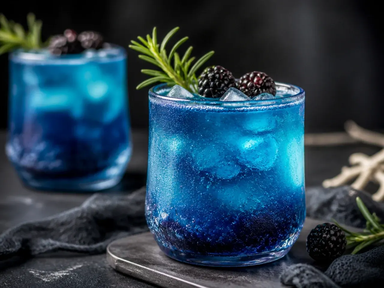 Turquoise ocean water mocktail over crushed ice with a cloudy coconut swirl