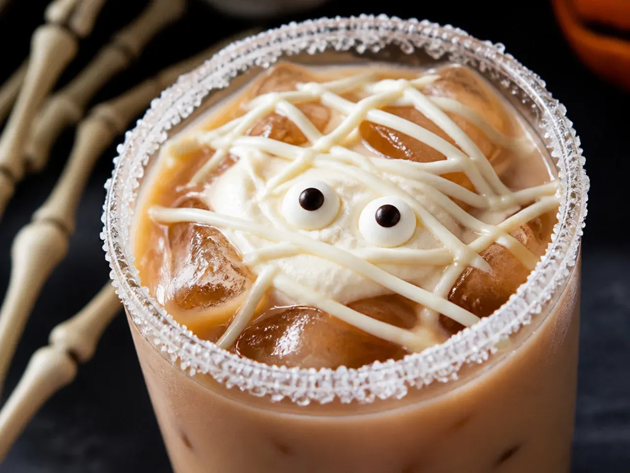 Mug of white hot chocolate with piped icing wrapped across the top like a mummy and candy eyes