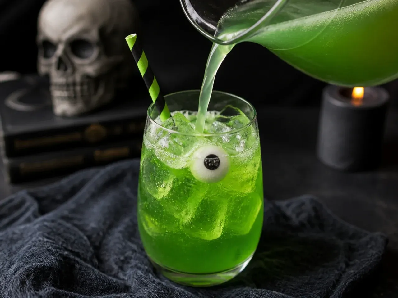 Cloudy green swamp water mocktail in a glass with gummy frogs floating on top