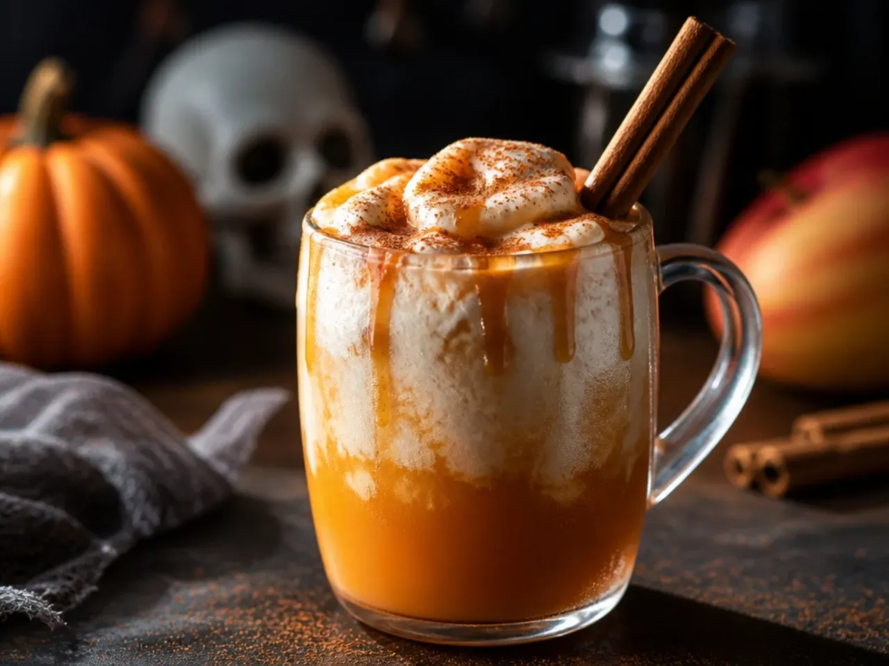 Mug of warm apple cider with a melting scoop of vanilla ice cream and caramel drizzle