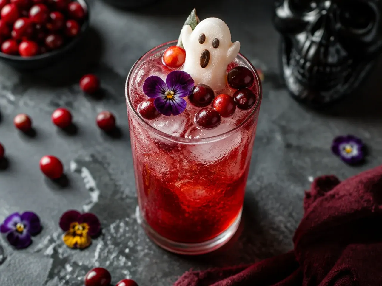 Pink cranberry fizz drink with a scoop of vanilla ice cream floating like a ghost