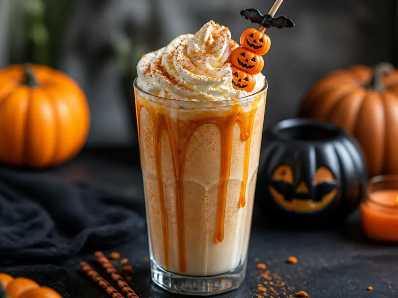 Thick pumpkin spice milkshake topped with whipped cream and a dusting of spice