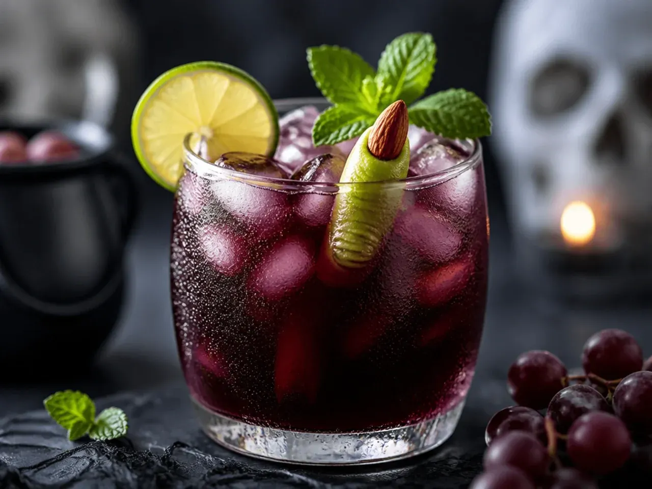 Purple grape punch in a jug with frozen green grape skewers floating like witches' fingers