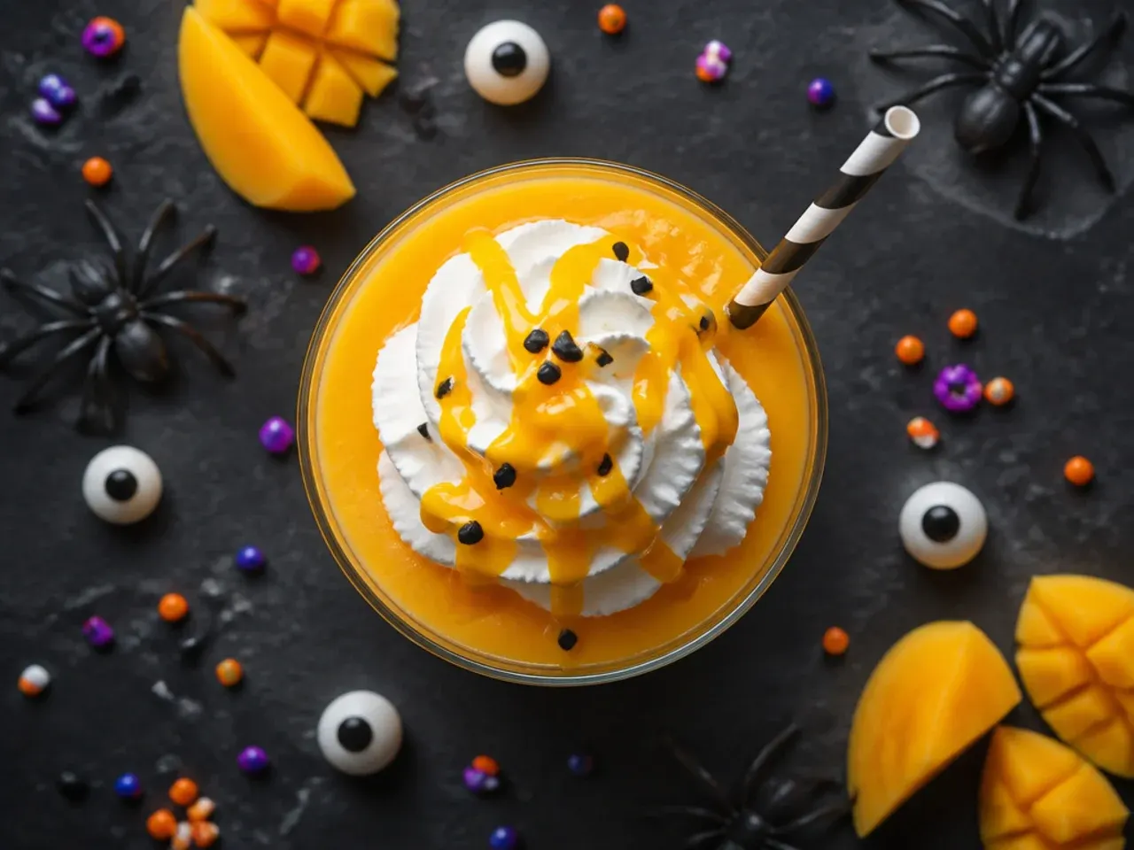 Bright orange mango smoothie in a glass topped with two candy eyeballs