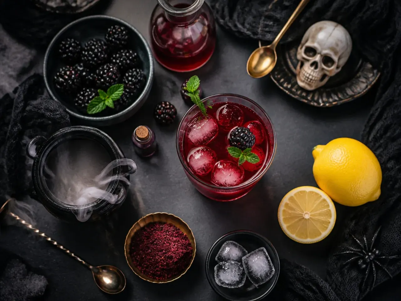 Close-up of hands adding ice and dry ice chunks to a Halloween punch bowl with tongs
