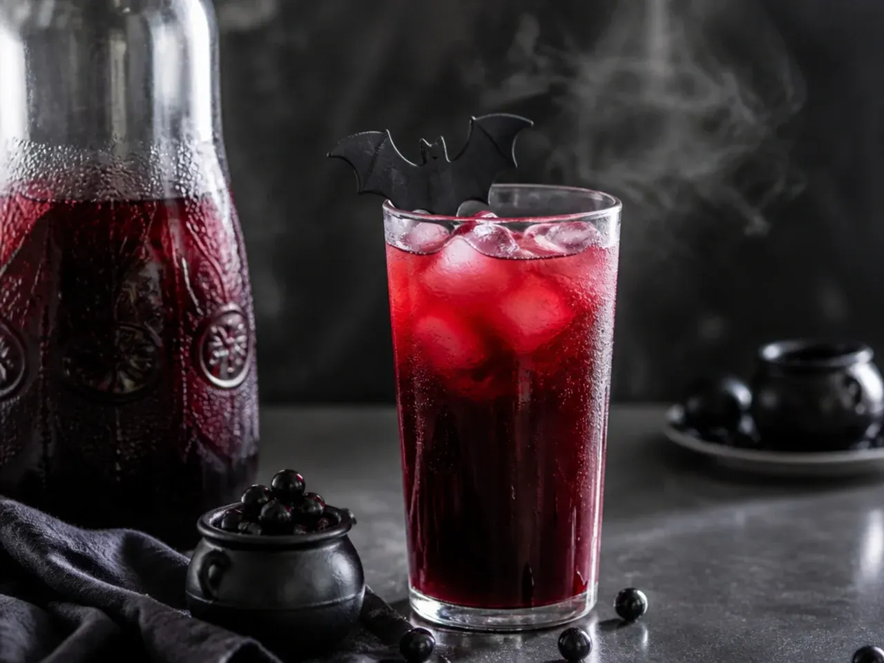 Pitchers of pre-mixed Halloween drink bases lined up in a fridge next to frozen fruit ice cubes