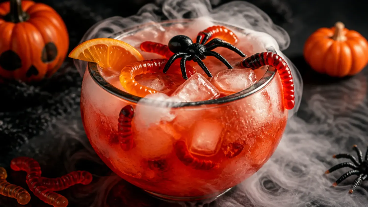 A glowing purple Halloween witches' brew punch in a black cauldron bowl with dry-ice fog, gummy eyeballs, and black-rimmed glasses on a dark table