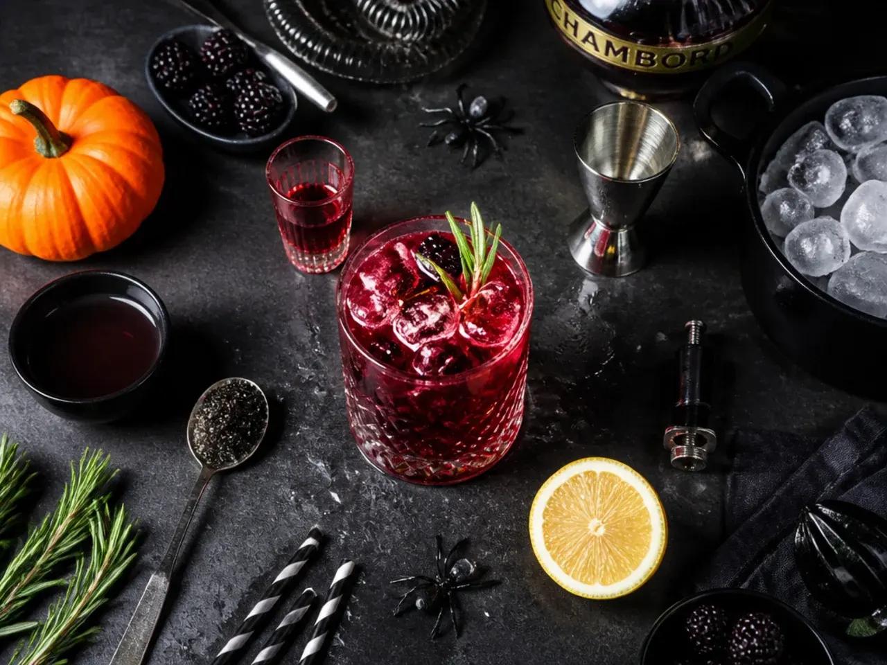 Close-up of hands using tongs to lower dry ice into a purple Halloween punch bowl
