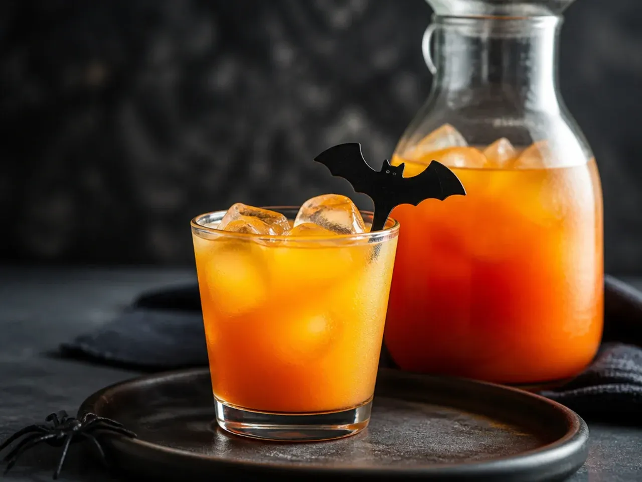 A glass jug of purple Halloween punch base chilling in the fridge next to a tray of frozen berry ice cubes