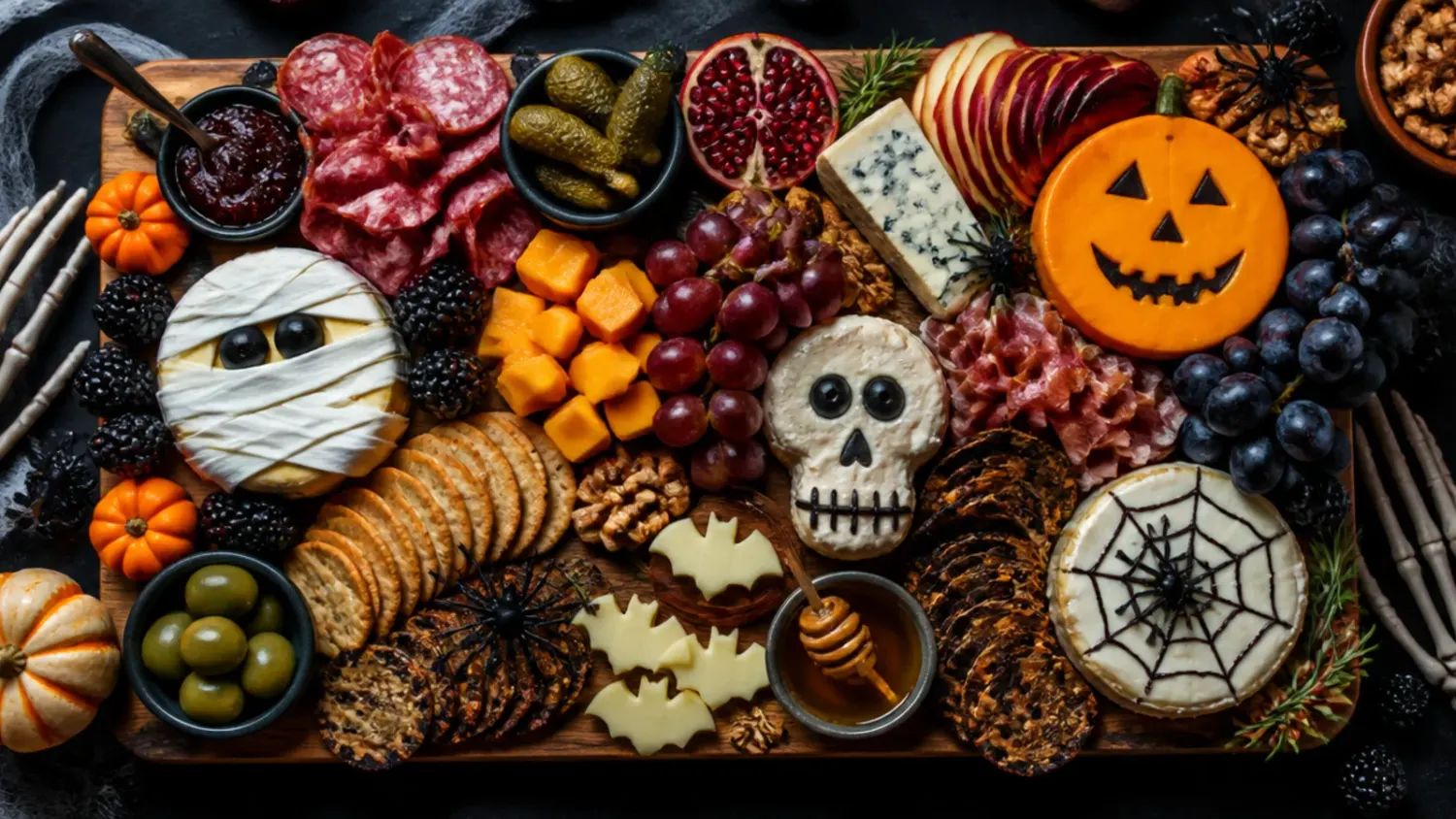 A wooden board arranged as a halloween party charcuterie board with spiderweb brie, black grapes, cured meats, orange cheddar and pumpkin-shaped crackers