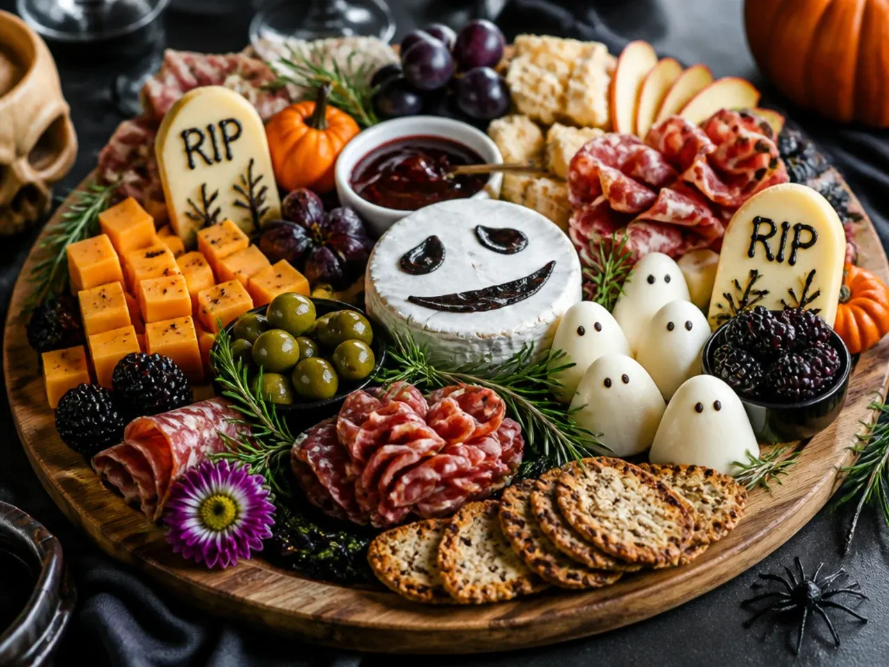 Overhead shot of a finished halloween charcuterie board with spiderweb brie and black and orange garnishes