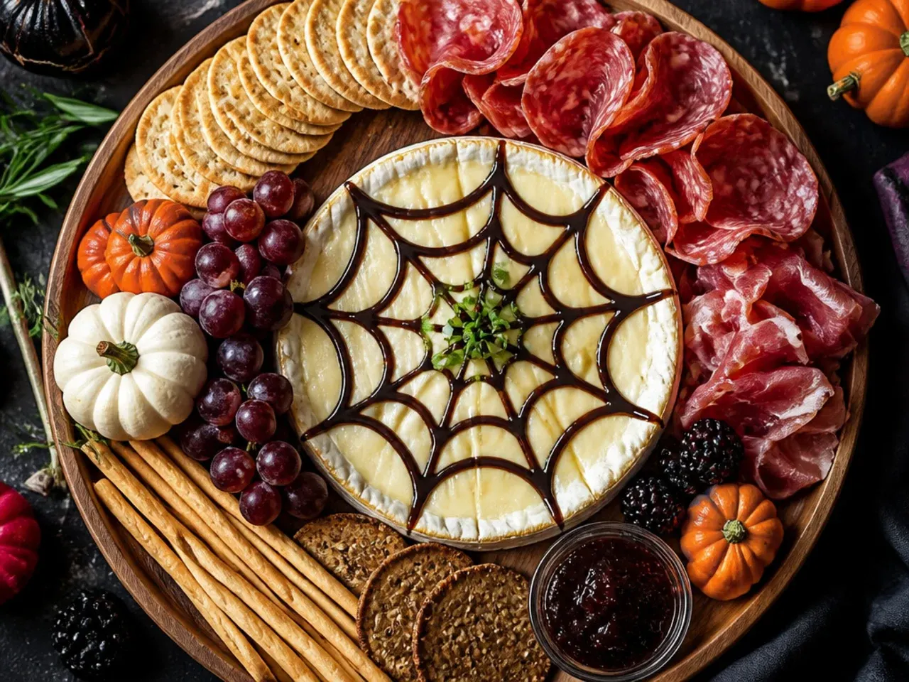 Wheel of brie decorated with a chocolate spiderweb pattern surrounded by crackers and grapes