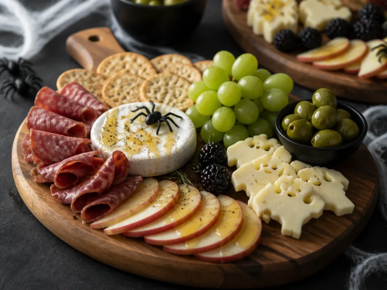 Simple five-ingredient halloween board with cubed cheese, salami and breadsticks