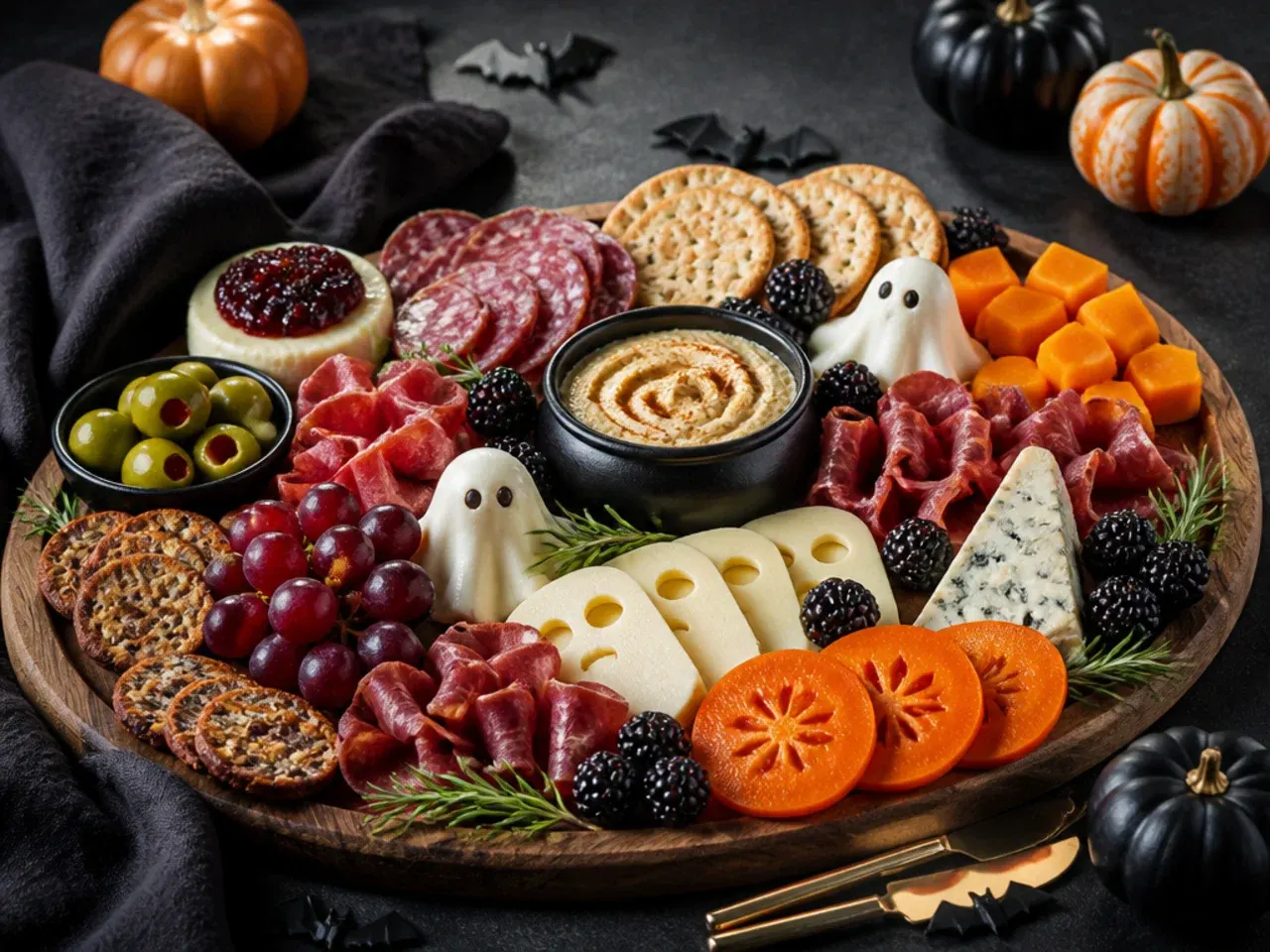 Simply arranged halloween board with cheese, meat and dark and orange fruit in neat rows