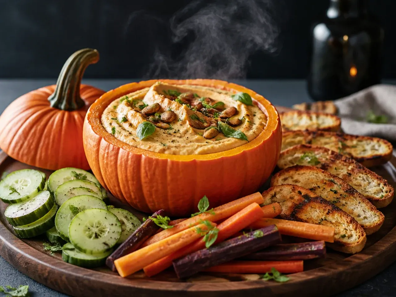 Small hollowed pumpkin filled with creamy herb dip on a charcuterie board