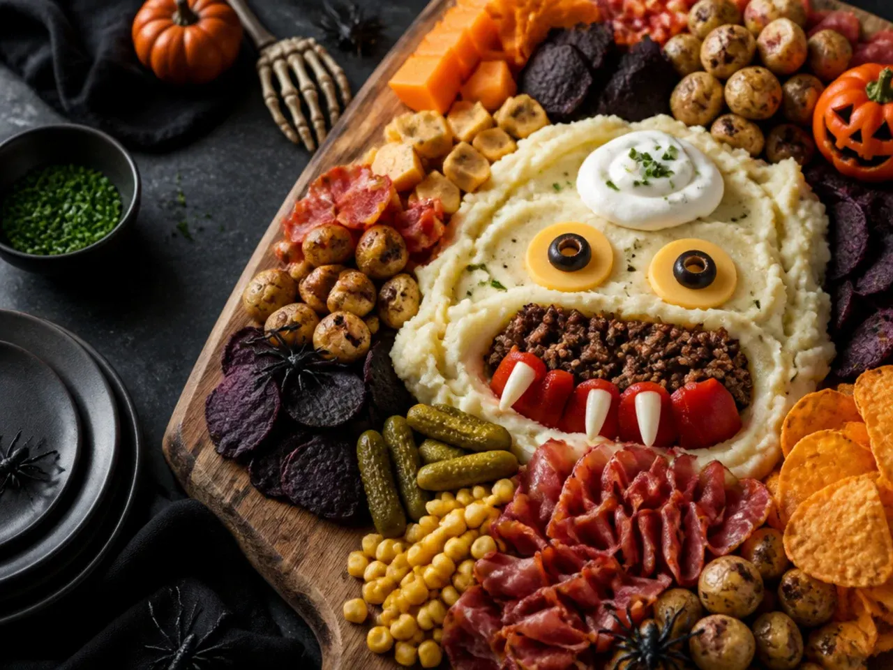 Halloween board loaded with folded cured meats, cornichons and mustard