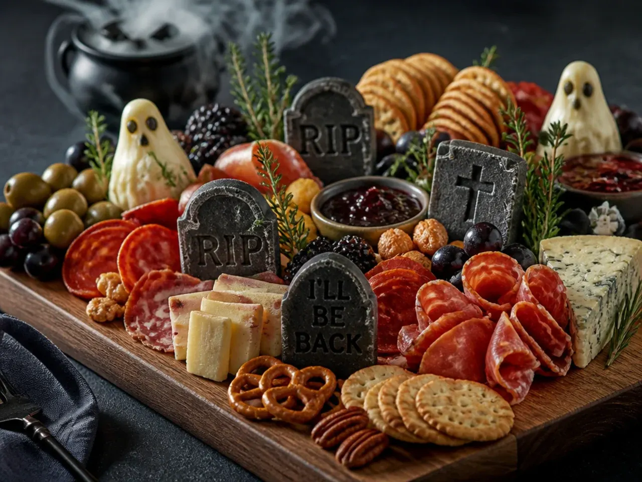 Chocolate biscuit graveyard scene with edible headstones and crushed cookie dirt