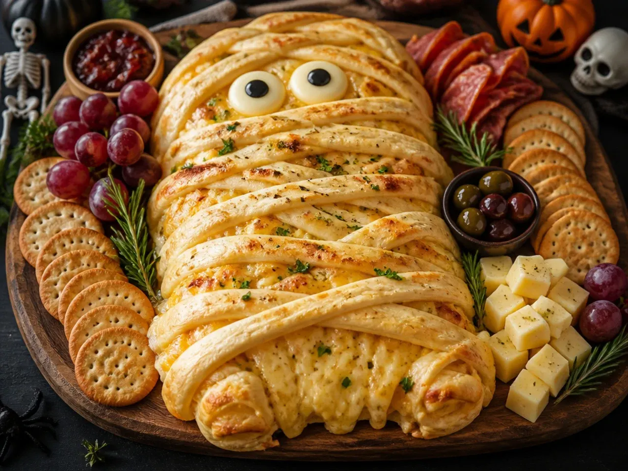Cheese wrapped in pastry strips to look like mummies with olive eyes
