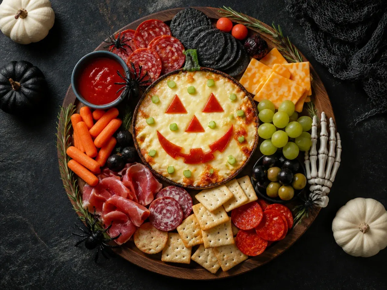 Budget-friendly halloween board using simple shaped cheese and grapes