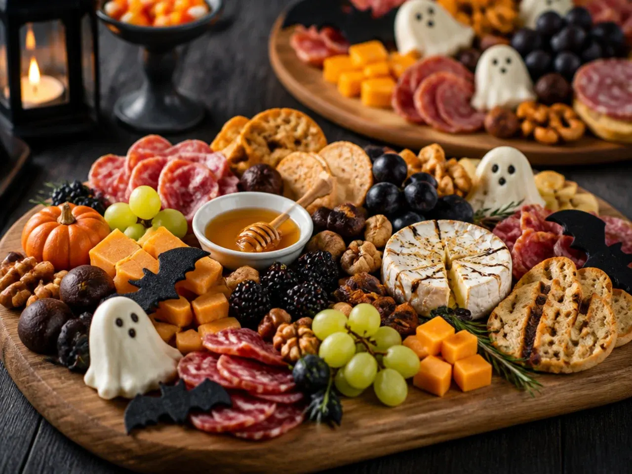 Charcuterie board split into savoury and sweet halves for a mixed-age party