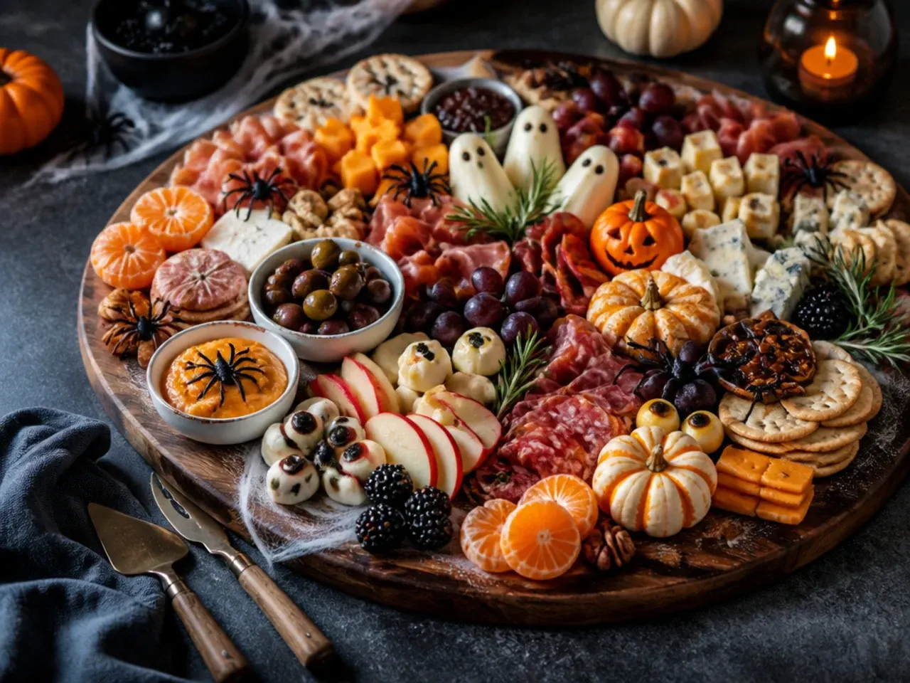 Kid-friendly halloween board with mild cheese shapes and ham