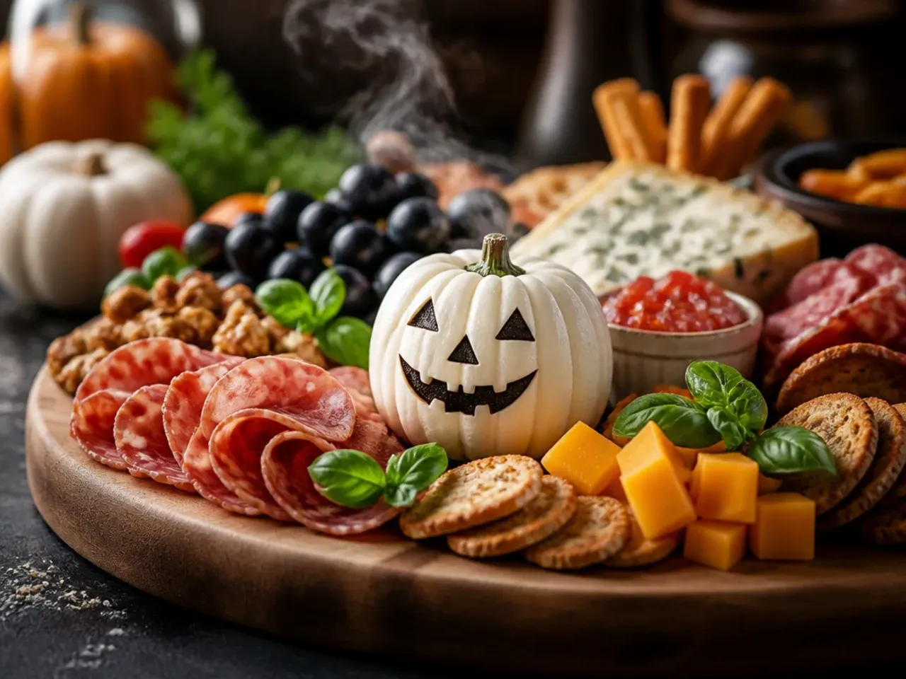 Halloween board styled entirely in a black, orange and purple colour palette